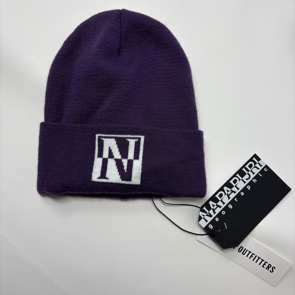 Napapijri Mens Purple Cuffed Beanie Logo Knit Hat Made‎ in Italy NEW Street Gorp